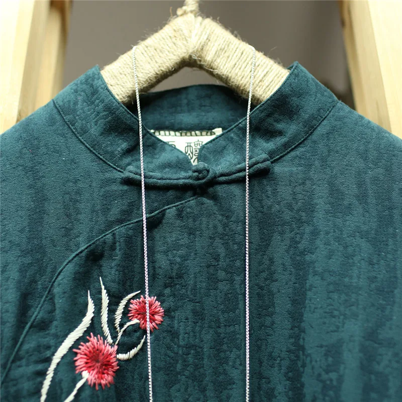 Женское платье с цветочной вышивкой, китайский стиль, Cheongsam, зима, новинка, стоячий длинный рукав, хлопок, лен, халаты, женское платье
