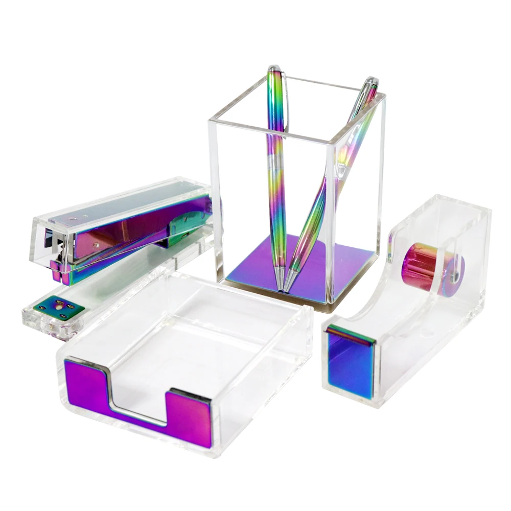 Purple Office Supplies Set Tape Dispenser Stapler Pencil Cup Sticky Notes Holder Acrylic Accessories Organizer Stationery Gift