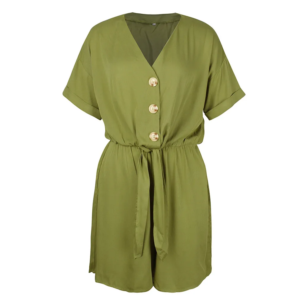 Jaycosin Fashion Summer Women Casual Solid V-Neck Button Wild Stylish Short Sleeve Comfortable Playsuit Casual Short Jumpsuit311