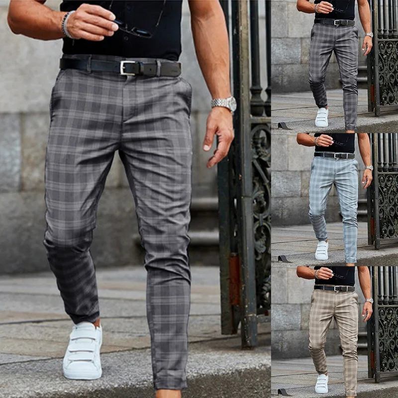 Mens Casual Pant Plaid Check Pants Male 