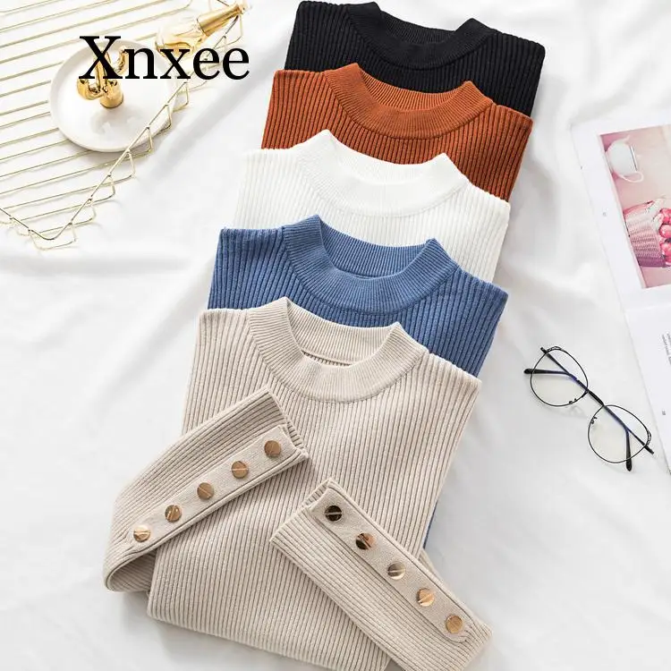 2020 Autumn Women Long Sleeve Pure Slim Sweater Winter Knitted Turtleneck Casual Cashmere Pullover Metal Buttons Split Cuff