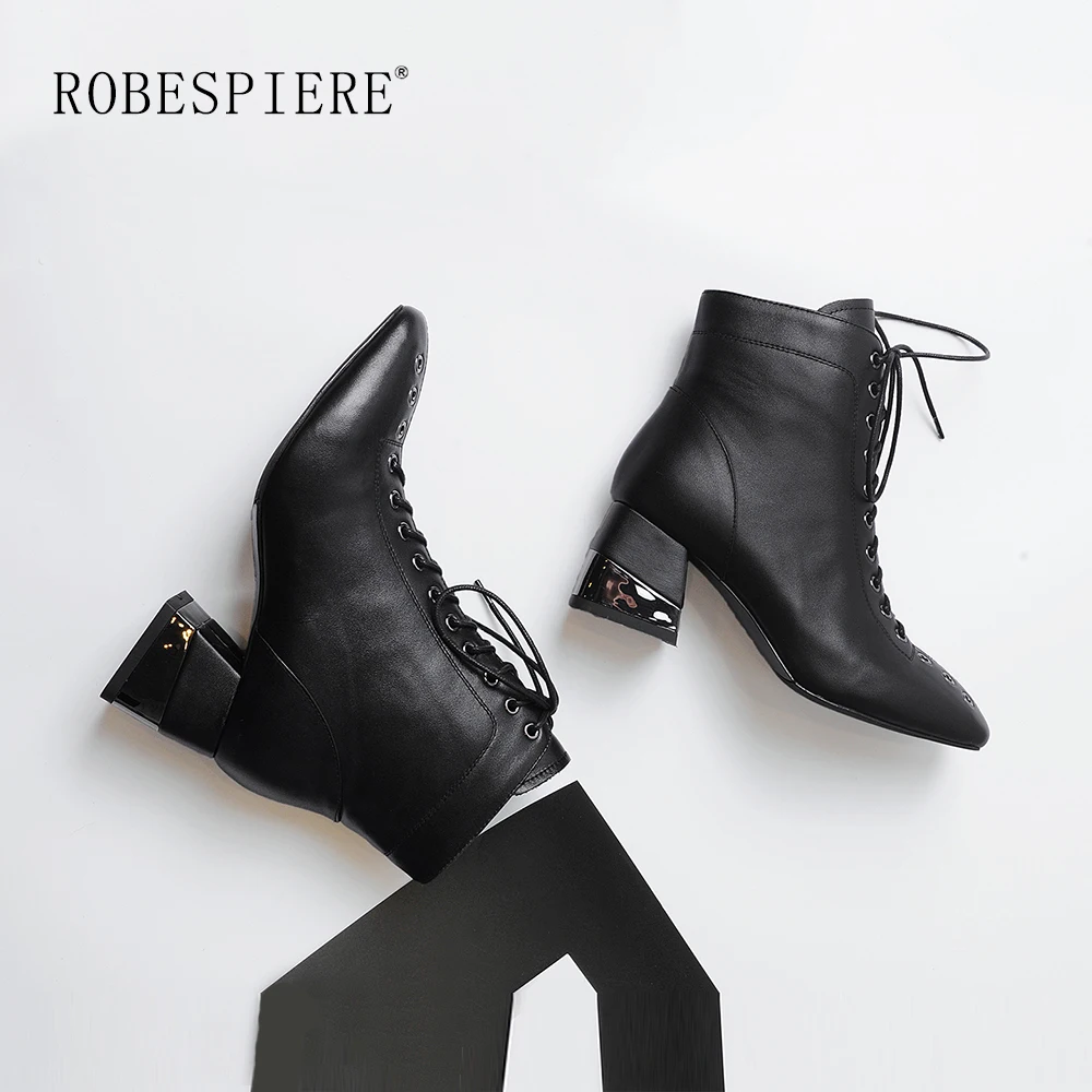 ROBESPIERE/Новинка; зимние теплые плюшевые женские ботинки; качественная обувь из натуральной кожи; женские удобные ботинки на квадратном каблуке; большие размеры; B23
