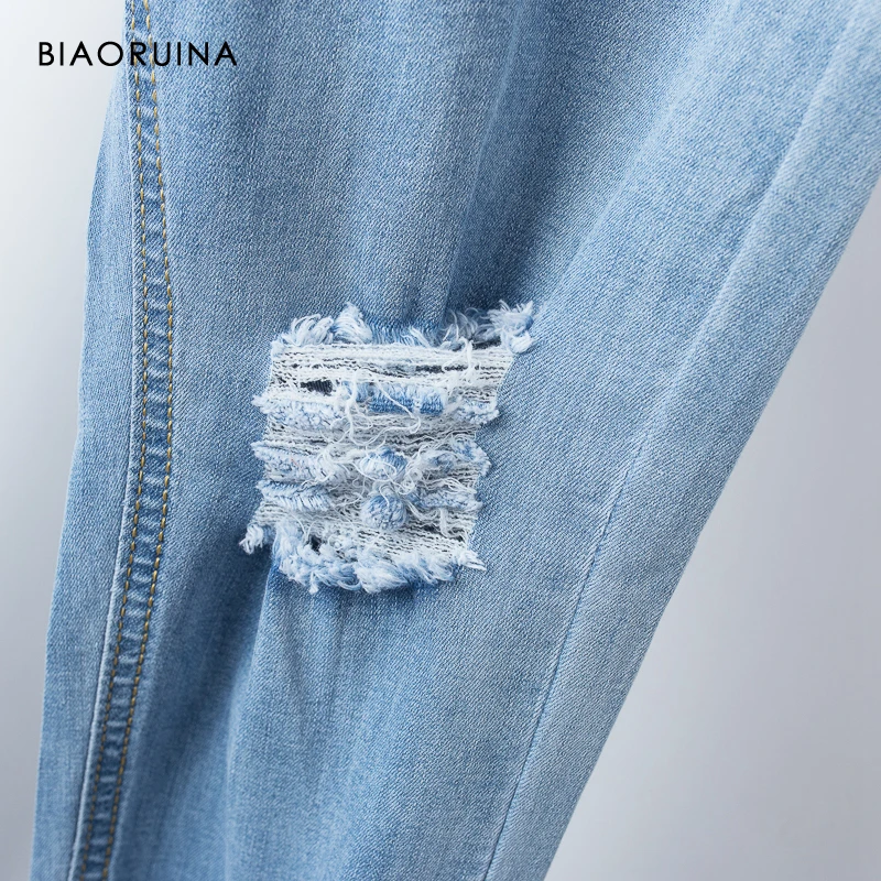 BIAORUINA, женские модные рваные джинсы-карандаш длиной до щиколотки, женские повседневные джинсы с высокой талией и потертостями