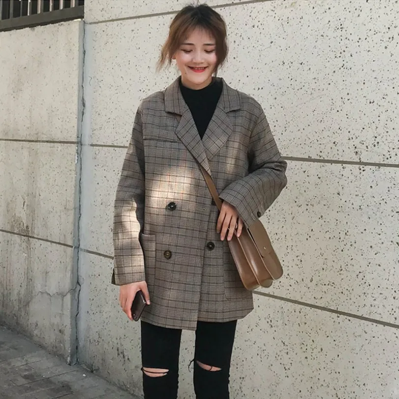 

2019 Autumn New Style INS Pattern Suit Korean-style Students Loose Retro Plaid CHIC Small Suit Coat Women's