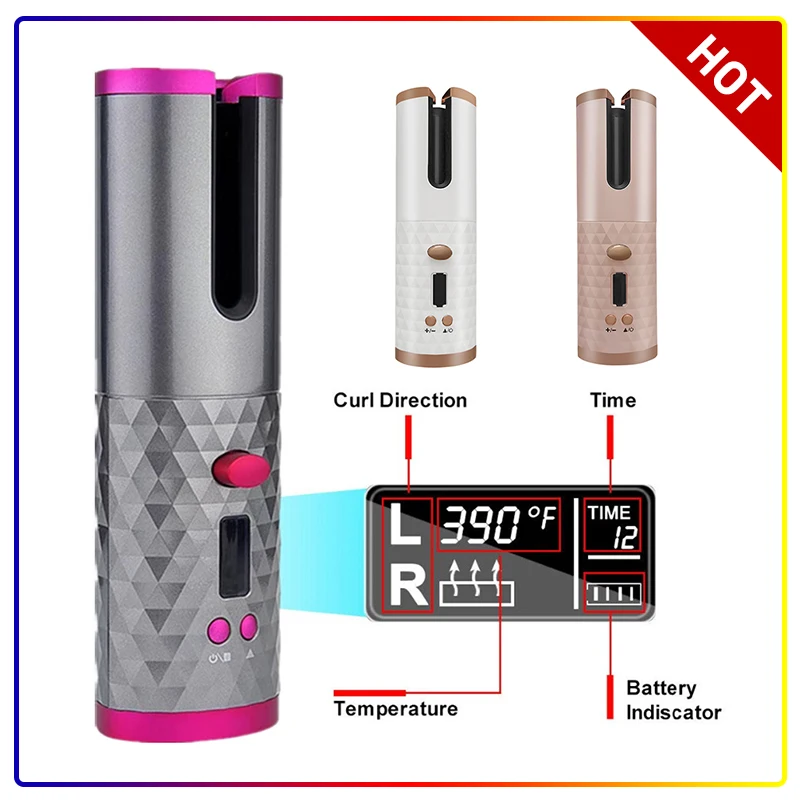 1Set Cordless Automatic Hair Curler USB Rechargeable Auto Rotating Curling LED Display Temperature For Curly Machine