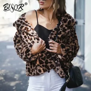 

Fashion Women Faux Fur Leopard Jackets Coat Women Artificial Fur lapel Open Stitch Thick Jacket Women Fur Coats