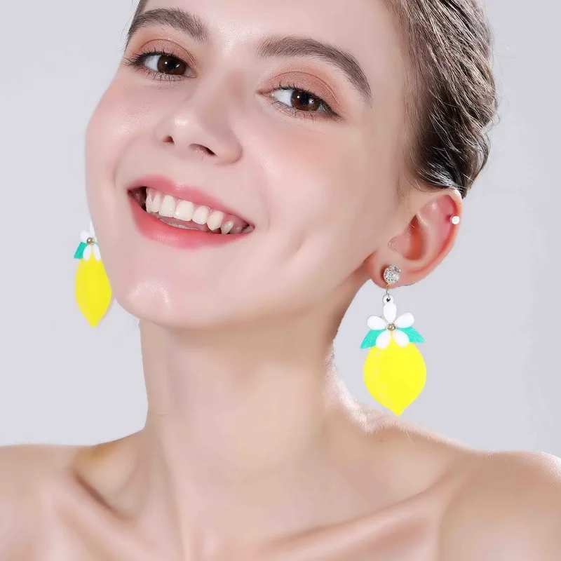 

New Design Yellow Color Fruit Lemon Dangle Drop Earrings Cute Flower Crystal Earrings for Woman Summer Vacation Beach Jewelry