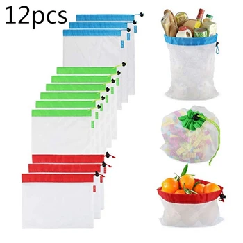 

12pcs/set Storage Bag String Mesh Net Drawstring Vegetable Organizer Grocery Reusable Home Storage Organization