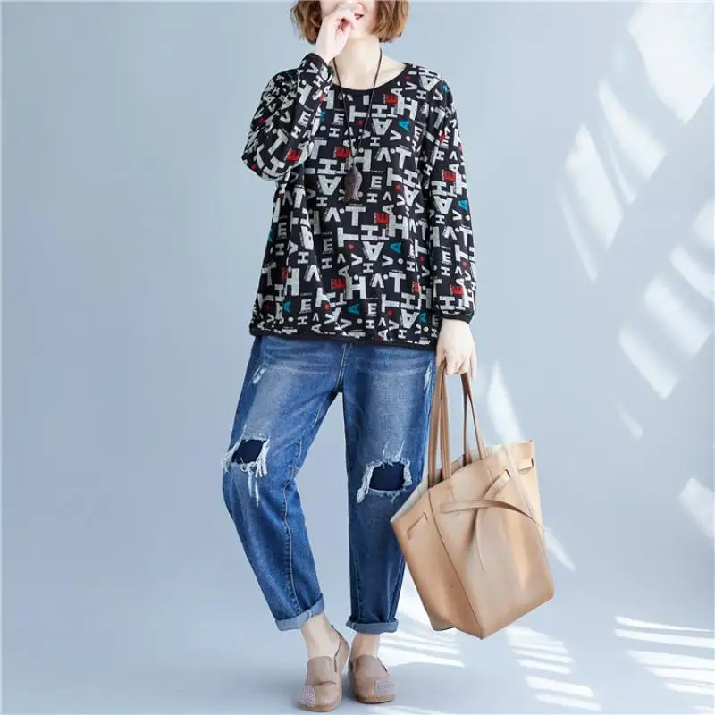  Plus Size Loose Striped Hoodies Cotton Sweatshirt Women Print Korean Streetwear Knitted Floral Hood