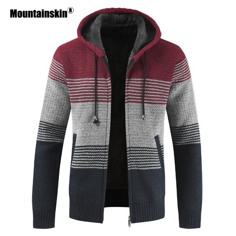 Mountainskin Men's Sweater Coat 2020 Spring Autumn Mens Hooded Stripe Coat Thick Zipper Wool Sweater Cardigan Jumpers Male SA868