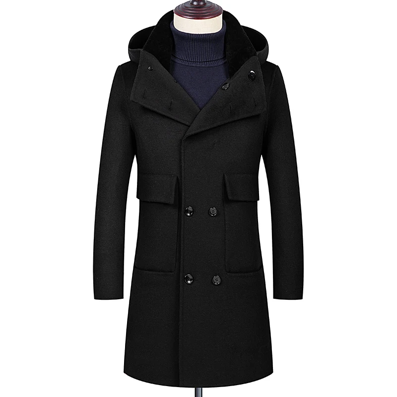 BATMO 60% шерсть с капюшоном пальто для мужчин, мужские зимние шерстяные Длинные куртки, размер M-4XL 1851 - Цвет: Черный