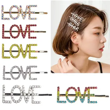 

Elegant Fresh Style Women Girls Hairpins Colorful Rhinestone Love Capital Letters Hair Clips Sweet Side Bangs Styling Barrettes