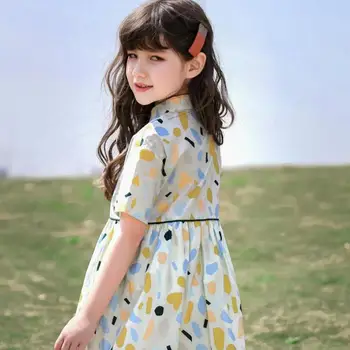 

Summer Korean Style Vogue Girls Kids Children Half-sleeve Button Leisure Dress Irregular Pattern Printred Knee-length Dresses