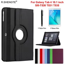 Вращающийся на 360 градусов чехол для samsung Galaxy Tab 4, 10,1 дюймов, SM-T530, SM-T531, SM-T535, 10,1 '', чехол-книжка, кожаный чехол-подставка с ручкой+ пленка
