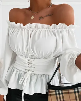 

Off Shoulder Lace-up Front Ruffles Casual Blouse Women Solid Long Sleeve Slash Neck Blouse Tops