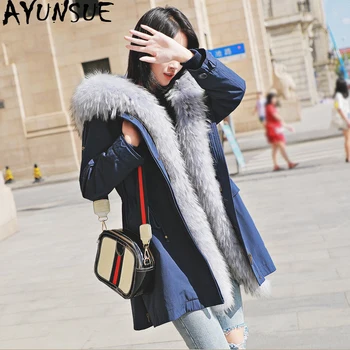Billige AYUNSUE Natürliche Kaninchen Pelz Liner Parka Echtpelz Mantel Winter Jacke Frauen Waschbären Pelz Kragen Warme Lange Jacken Chaqueta Mujer MEIN