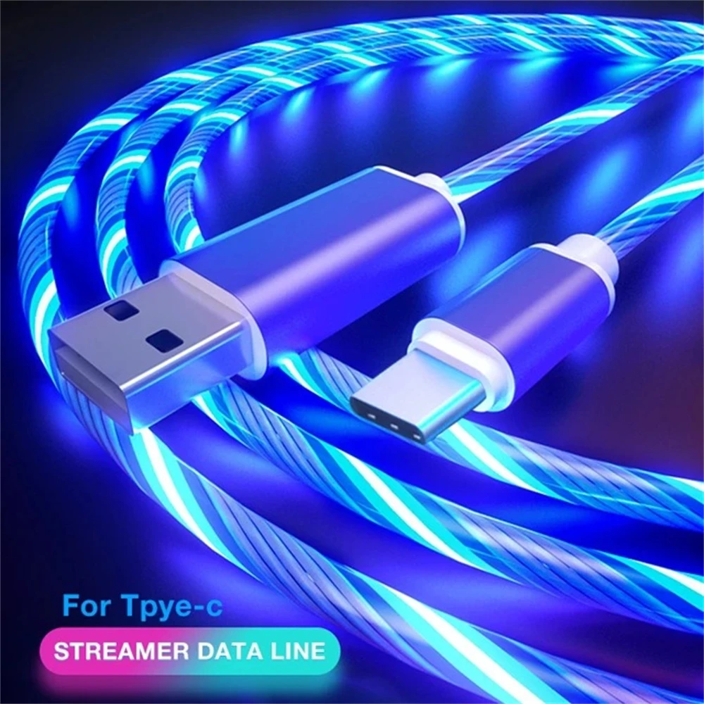 Colorful Light LED Type-C USB Charging Cable for Samsung Galaxy S21 Ultra Fast Charging Cable for Xiaomi 11T Pro Android Line usb triple socket