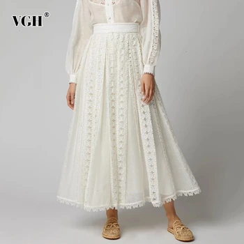 

VGH Elegant Pure Color Hollow Out Women's Skirts High Waist A-line Patchwork Large Size Skirt Female Autumn Fashion New 2020