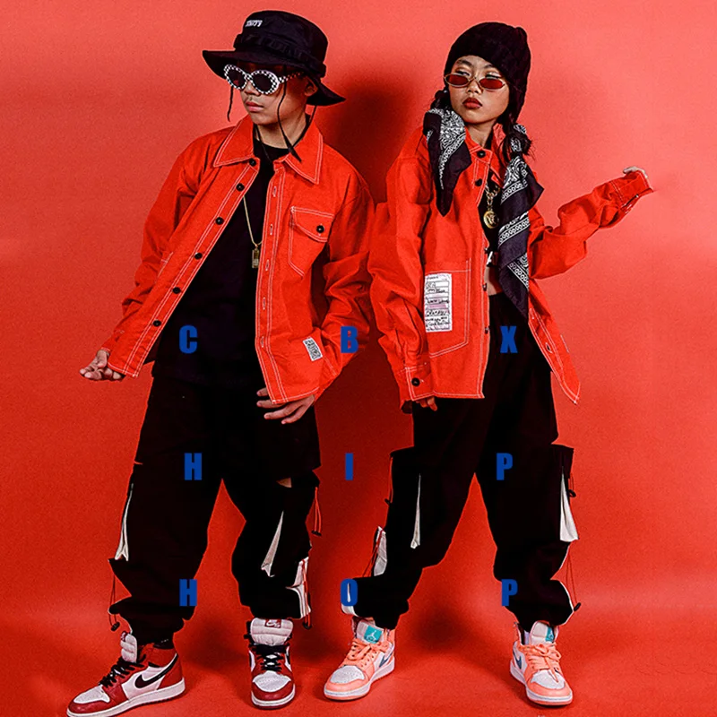 Hip Hop Costumes Street Dance Set Boys Red Shirt Girls Modern Performance Clothing Jazz Cheerleader Stage Rave Outfit Kid DN4624