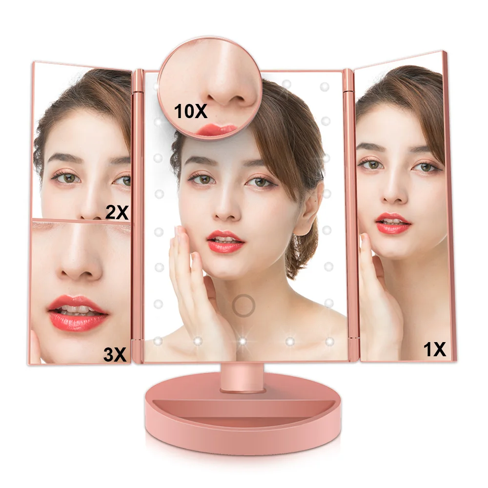 

Makeup Mirror 22 LED Vanity Light Magnifying 3 Floding Beauty Countertop Touch Screen Cosmetic 10x Magnifier Small Mirror