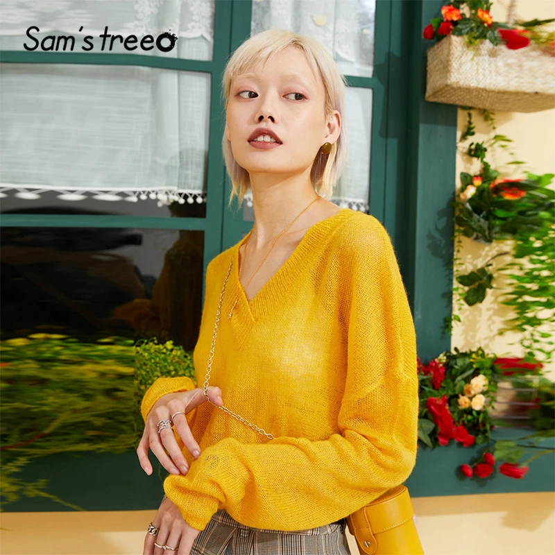 

Samstree Yellow Solid Minimalist Style pullover Hollow Out Knitted Sweater Women 2019 Autumn Korean Oversized Office Ladies Tops
