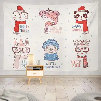 

Decorative Wall Tapestry Drawn Cute Funny Animals Hats Glasses with Winter Snow
