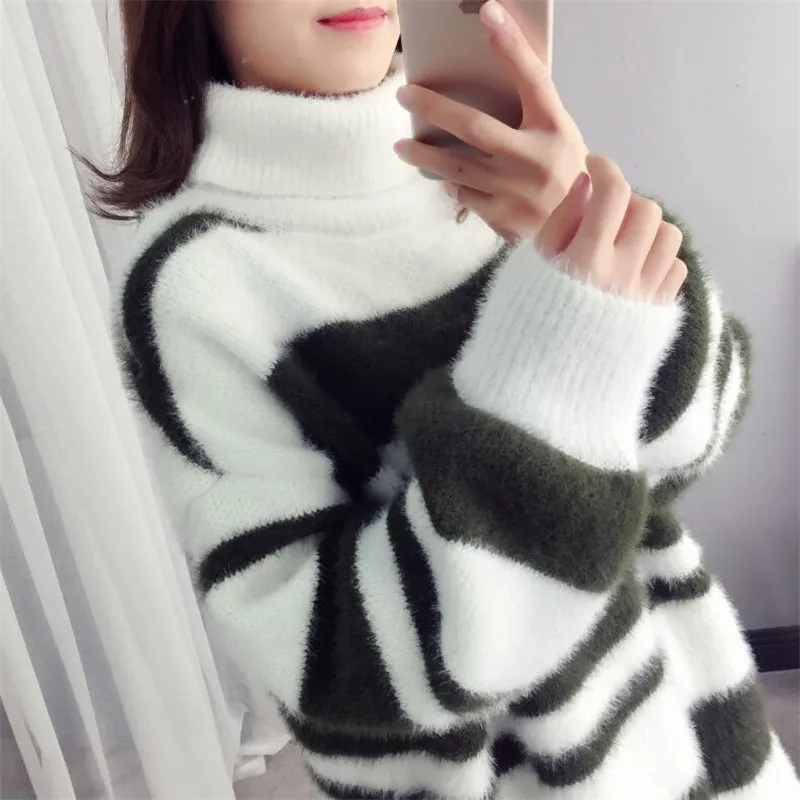 2020 High Neck Sweater Female Striped Long Sleeve Loose Hooded Imitation Water Velvet Top Autumn and Winter New Bottoming Shirt