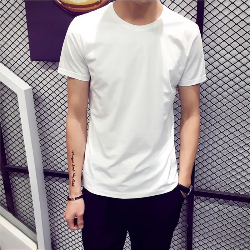 

2019 Summer Korean-style Men Solid White T-shirt MEN'S Short Sleeve Solid Color Crew Neck Slim Fit T-shirt Base Shirt Short Slee