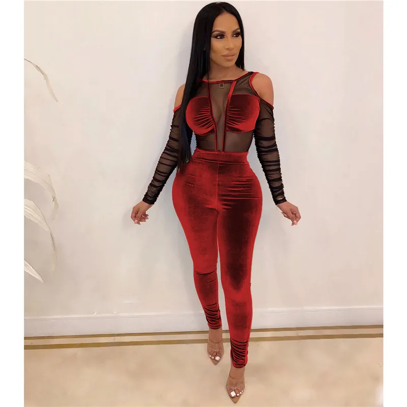 red jumpsuits Adogirl Sheer Mesh Patchwork Velvet Jumpsuit Women Sexy Cold Shoulder Long Sleeve Skinny Romper Night Club Overalls Bodysuits - Цвет: red jumpsuits