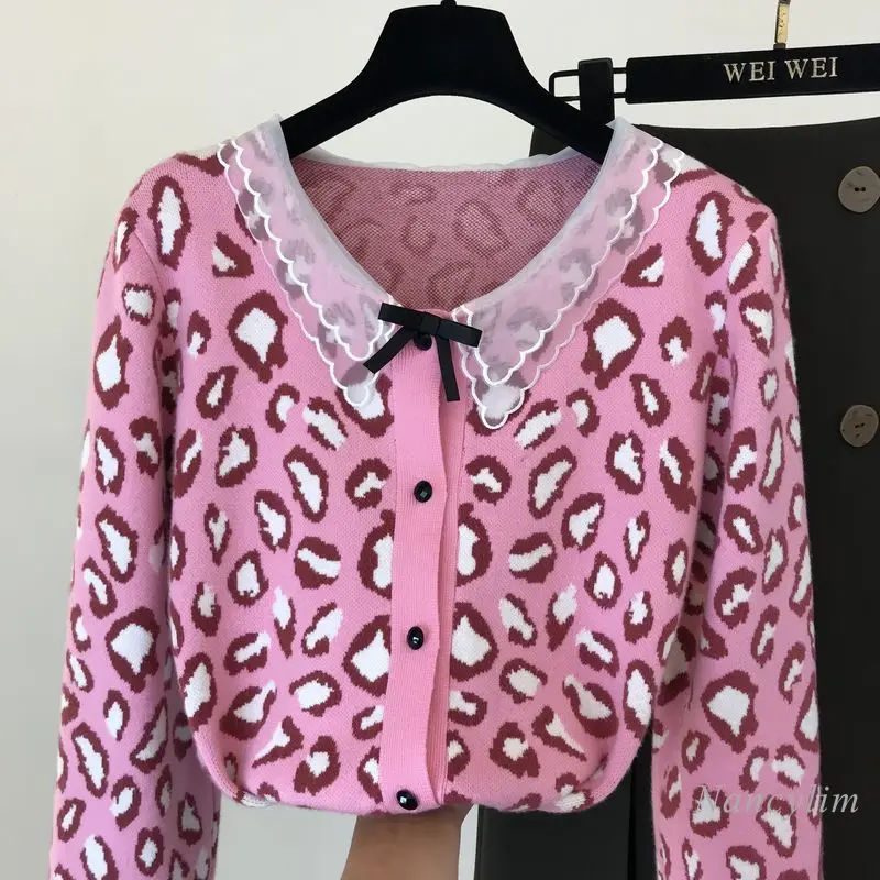 

2020 Autumn Fall Woman's Leopard Print Cardigan New Sweet Pink Lace Doll Collar Sweater Knit Top Students Jumpers