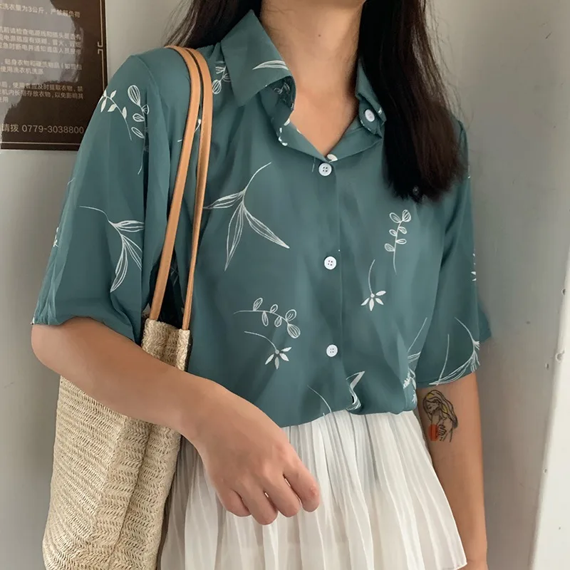

Ladies Blouse Leaves Printed Short Sleeve Chiffon CShirts Chemisier Femme 2019 Women Turn Down Collar Loose Casual Tops Blusas