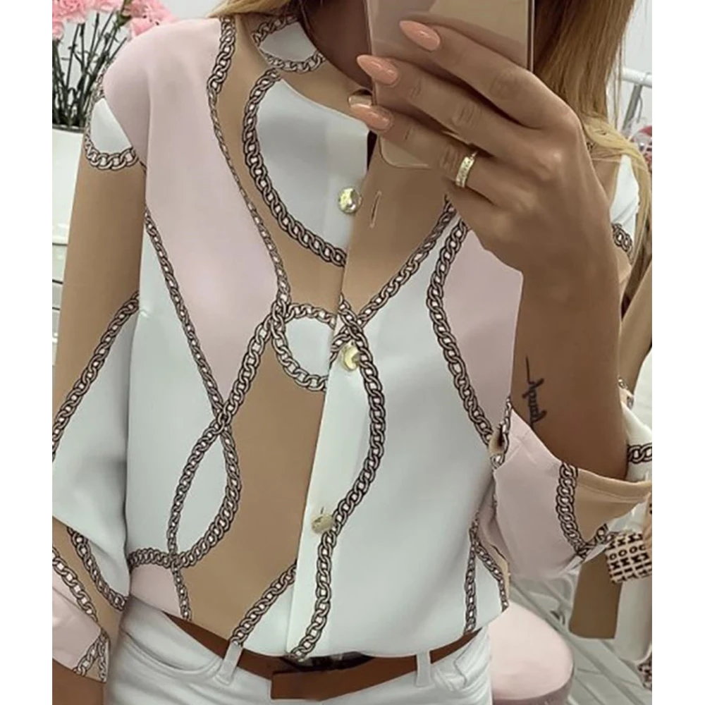 Wenyujh, осенняя Повседневная Блузка, женский элегантный топ, Женская Базовая рубашка с круглым вырезом, регулируемый рукав, с принтом цепей, на пуговицах, блузки