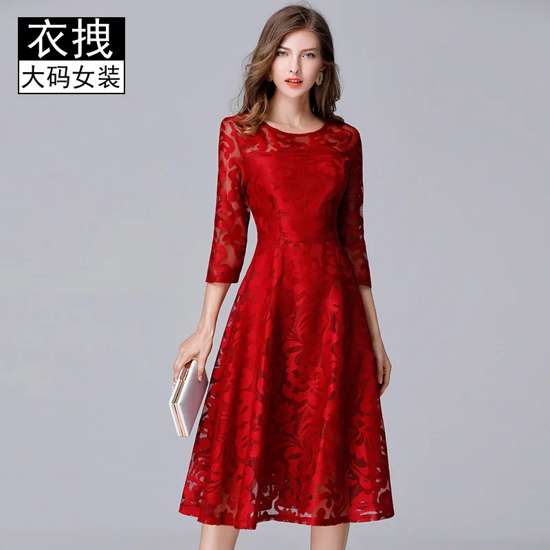 

Europe And America Large Size Lace Dress Fat Mm Spring And Autumn Brand New Style Red Lace Big Hemline Fashionable Skirt 200
