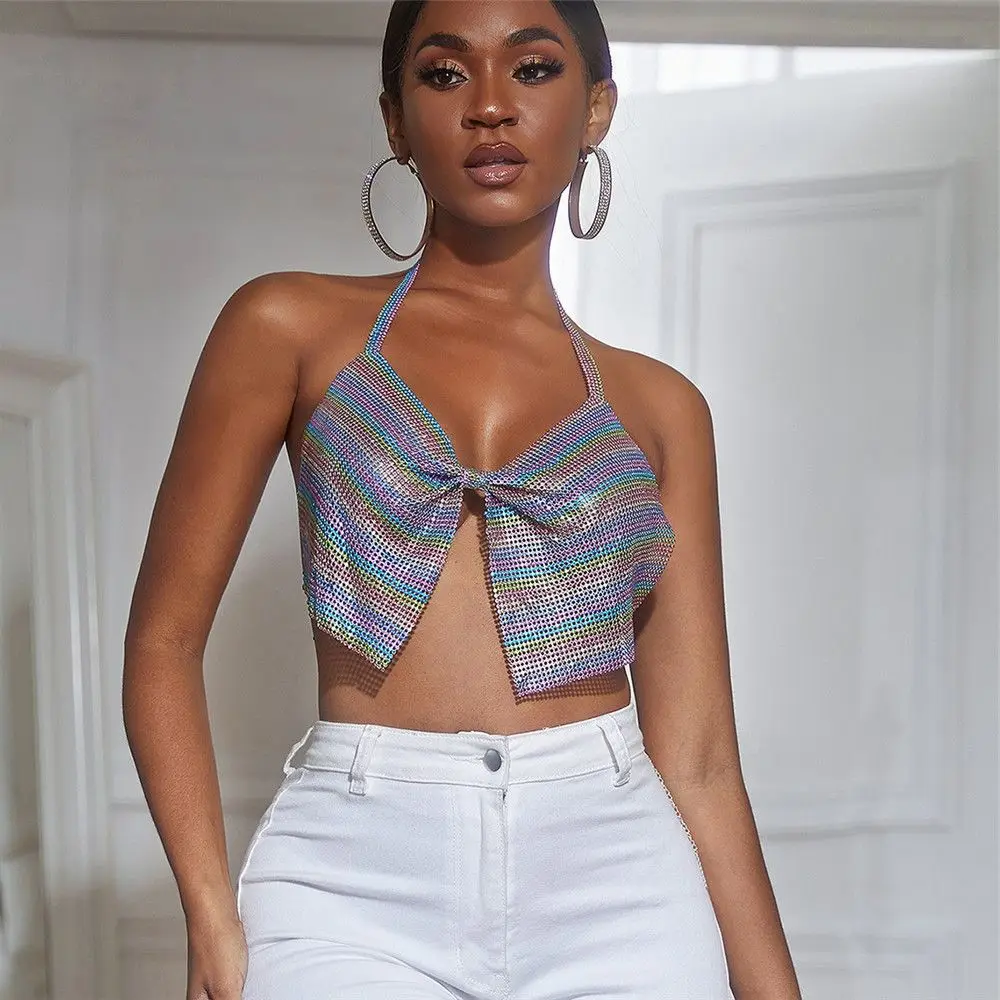 

Shiny Rhinestones Party Crop Top Sexy Halter Colorful Stripe Backless Full Diamonds Night Club Party Wear Tank Top Vacation 2021