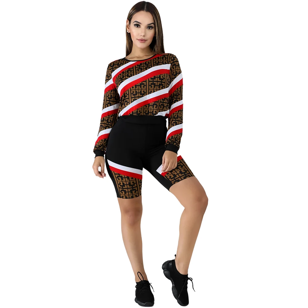 

2019 Autumn Fashion Sexy Striped Print Patchwork 2 Piece Set Women O-Neck Long Sleeve Top+Short Pants Slim Casual Party Outfit