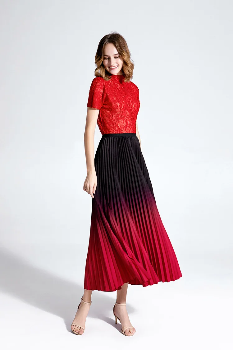 LANMREM Pleated skirt mid-long folded vintage skirt gradient color elastic waist pleated bottoms famale 2020 fashion new YJ726