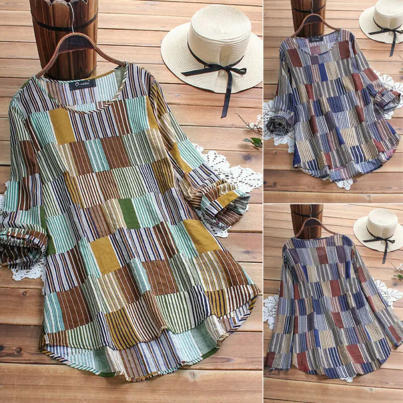 

Hot sale Womens Summer Casual Striped O Neck Blouses Loose long sleeve Baggy Tops Tunic Shirts Plus Size Brown Navy Blue L-5XL