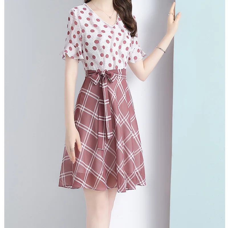

2019 Summer New Style V-neck Printed Chiffon Dress WOMEN'S Short Sleeved Mid-length Waist Hugging A- line Skirt