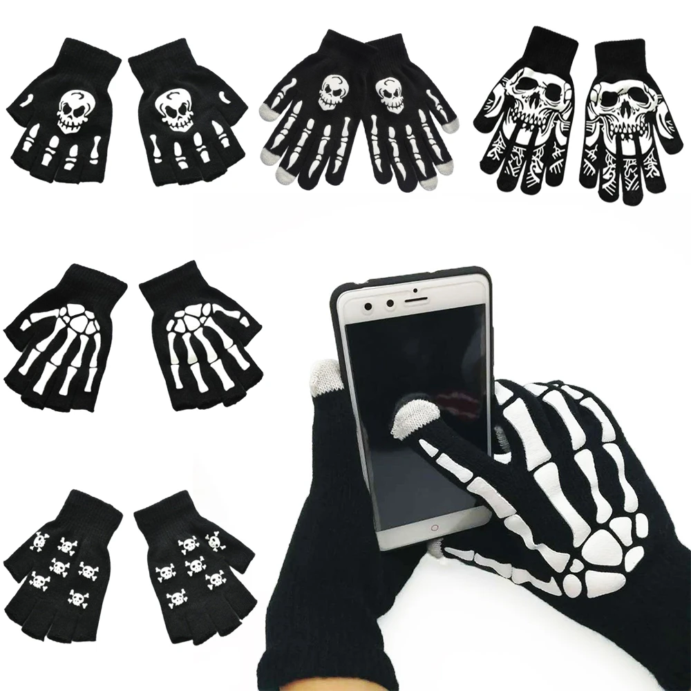 Unisex Winter Warm Gloves Funny Touch Screen Capacitive Glove Skull Skeleton Full Finger Ski Cycling Gloves for Teenagers Child