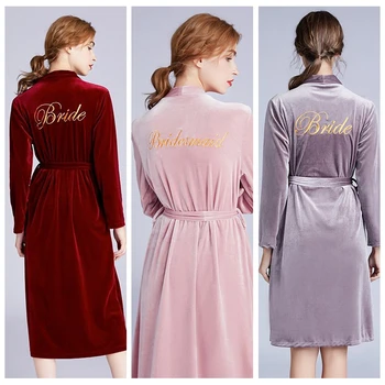 

Women New Velvet Night Robe Pure Color Elegant Long Sleeve Bride Bridesmaid Embroidered Soft Autumn Winter Makeup Cardigan Robe