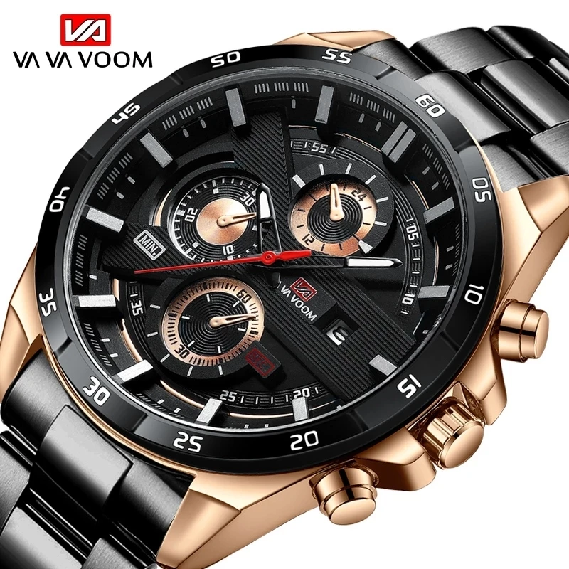 2022 New Fashion Design Men's Watches Top Branded Casual Sports Black Surface Stainless Steel Waterproof Quartz Calendar Watches