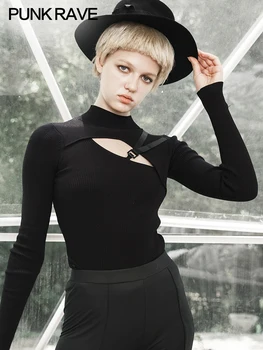 

PUNK RAVE Dark Slim Long Sleeve Sweater Female Black Care Set Turtleneck Autumn Top Shirt