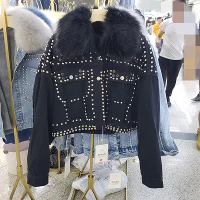 

New Winter Heavy Rivet Fox Fur Collar Detchable Liner Thicken Denim Coat Women Warm Short Cotton Padded Jacket Female Outwear