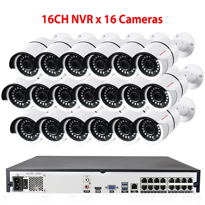 16CH NVR x 16 Camera KANTURE 16CH H.265+ 4K 5MP POE NVR комплект 16 шт. аудио 1080P IP66 Антивандальная безопасность уличная IP камера система видеонаблюдения - Цвет: 16CH NVR x 16 Camera