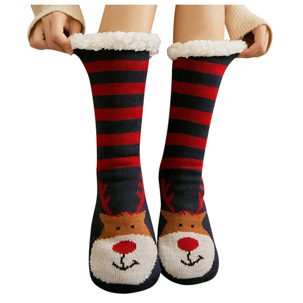 Забавные Женские носочки, зимние, рождественские, полосатые, хлопковые, с принтом, толстые, противоскользящие, домашние носки, ковер, Sokken Meias, носки