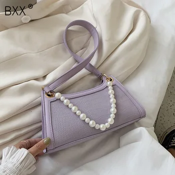 

[BXX] Pearl Design Crocodile Pattern PU Leather Bags For Women 2020 Summer Simple Style Shoulder Handbag Female Travel Bag HN118