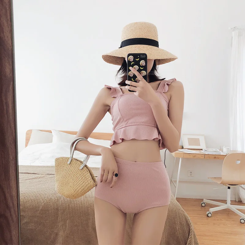

New Style Japanese Korean Mori Girl Line Bathing Suit Women's Comfortable Underwire Bikini Three-piece Set Small Bust Gathering