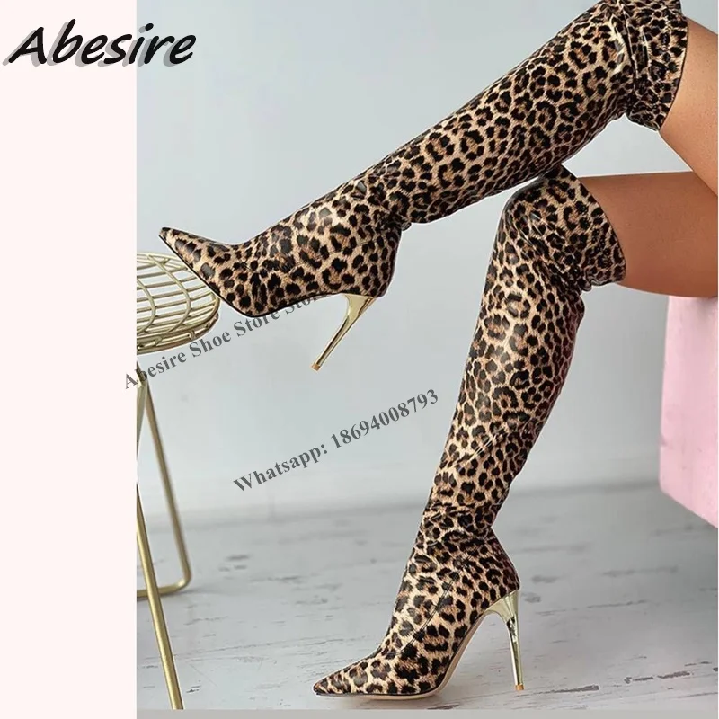 

Abesire Long Boots Leopard Slip On High Metal Heels Leather Pointed Toe Over The Knee New Autumn Winter Big Size Women Shoes