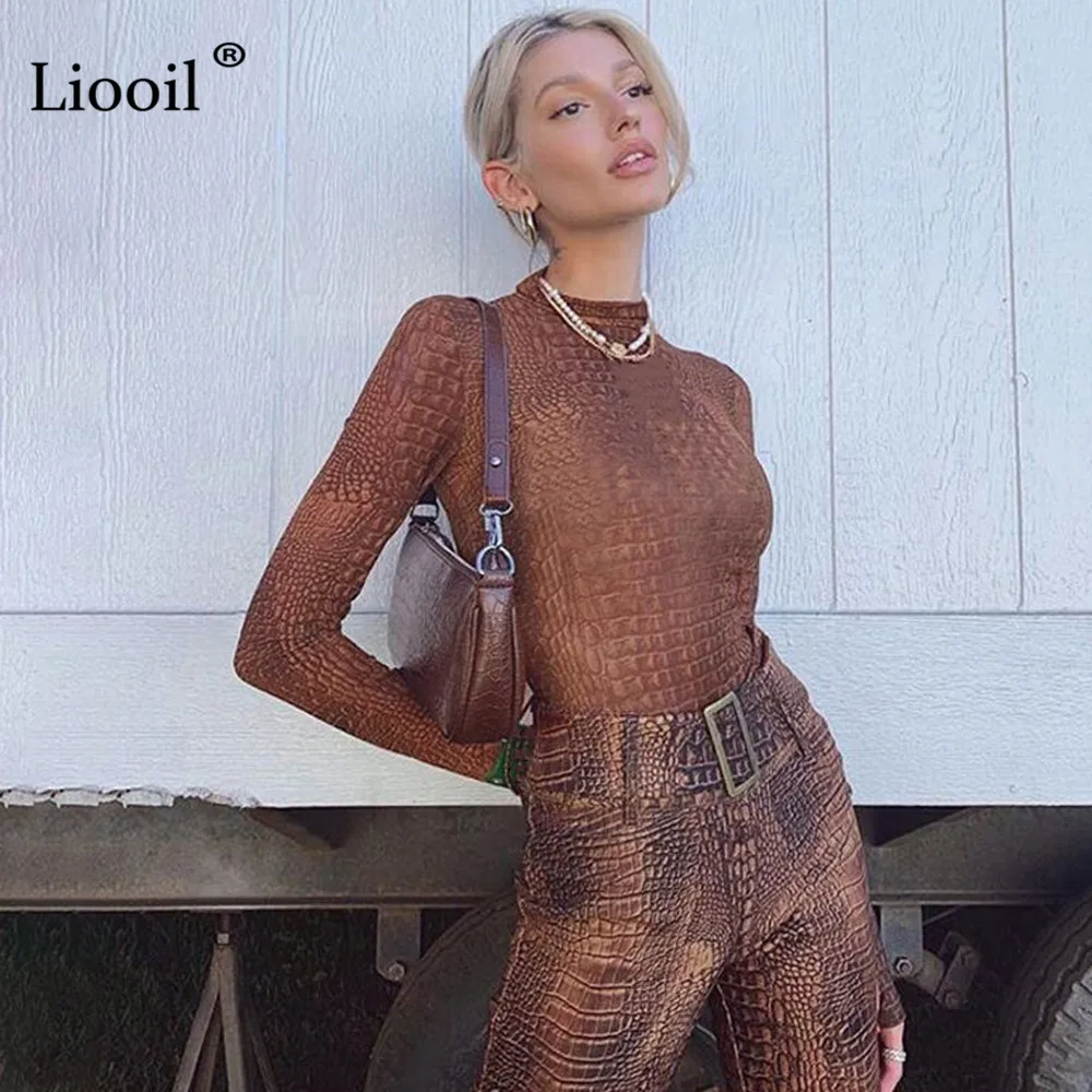 Liooil винтажный боди с принтом, сексуальный облегающий боди, Топ для женщин, Осень-зима, длинный рукав, водолазка, вечерние Клубные Комбинезоны