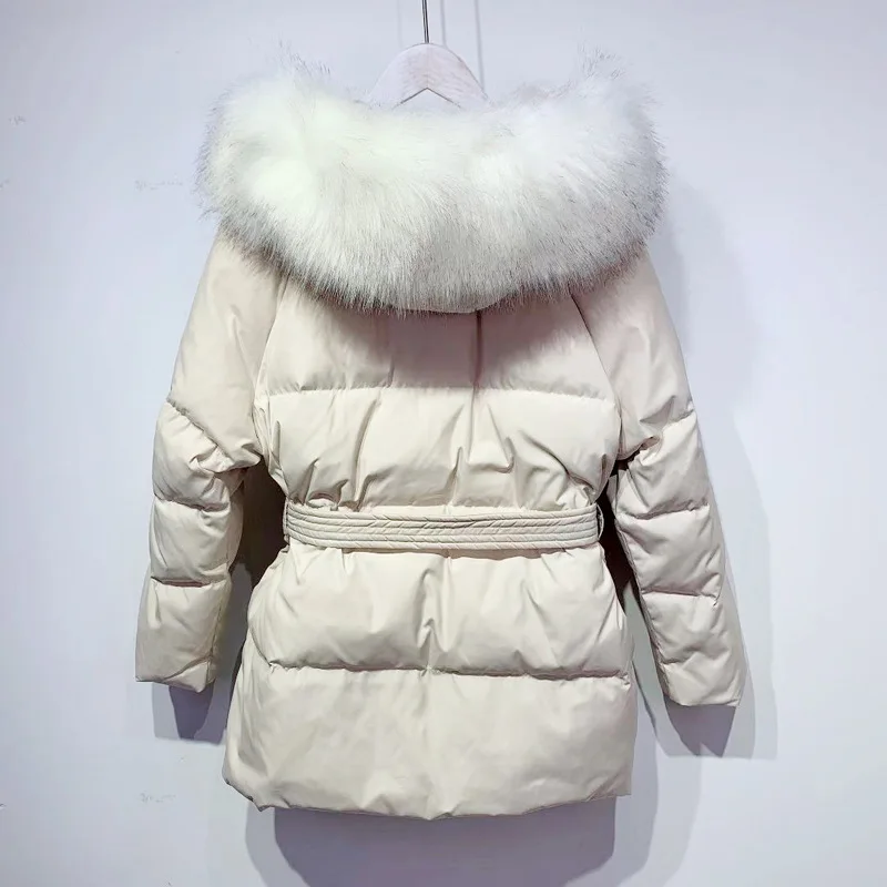 Новое поступление, пальто на утином пуху с капюшоном и большим натуральным лисьим меховым воротником, Женское зимнее плотное длинное теплое пуховое пальто с большим карманом, F213